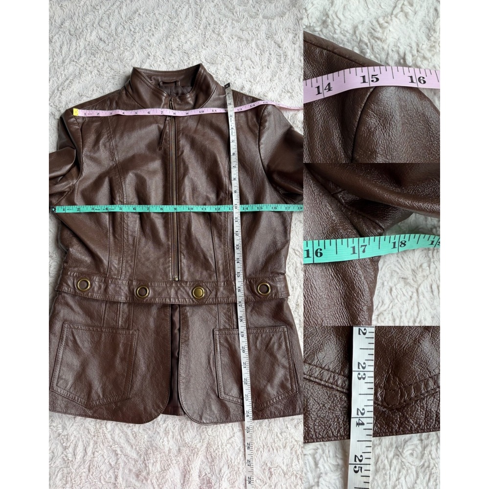 Newport News Leather Moto Jacket Brown Zip Front Vintage Y2K Convertible S - Picture 6 of 17